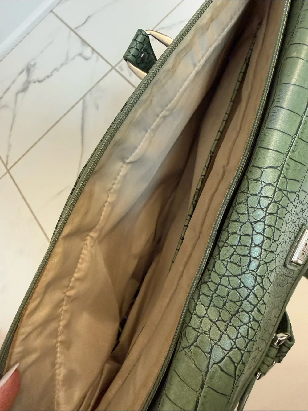 Diane Von Furstenberg Olive Green Croc-Embossed Shoulder Bag